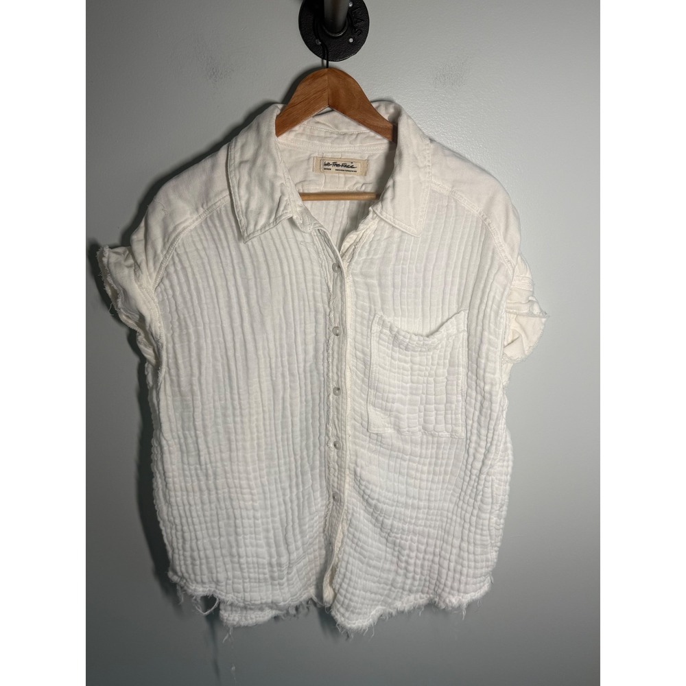 We The Free People White Gauze Button Down Shirt Short Sleeve Raw Hem Medium